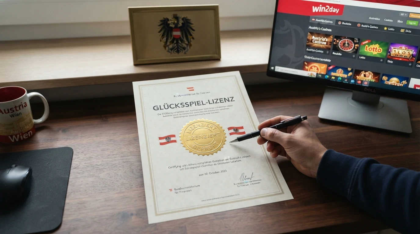 Das amtliche österreichische Bundeswappen neben dem Gesetzestext des Glücksspielgesetzes und dem win2day-Logo — als Symbol der einzigen gültigen Konzession.