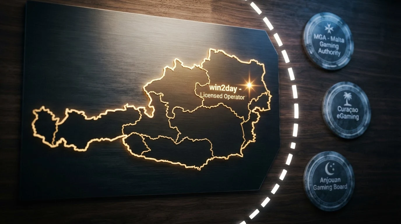 Eine stilisierte Österreich-Karte mit einem einzelnen hervorgehobenen Punkt für win2day — daneben eine Reihe von Offshore-Lizenz-Siegeln (MGA, Curaçao, Anjouan), die durch eine gestrichelte Linie vom österreichischen Hoheitsgebiet getrennt sind