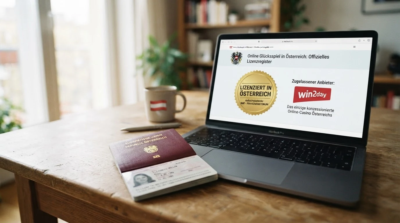 Ein österreichischer Reisepass neben einem Bildschirm mit der BMF-White-List-Webseite und dem win2day-Logo