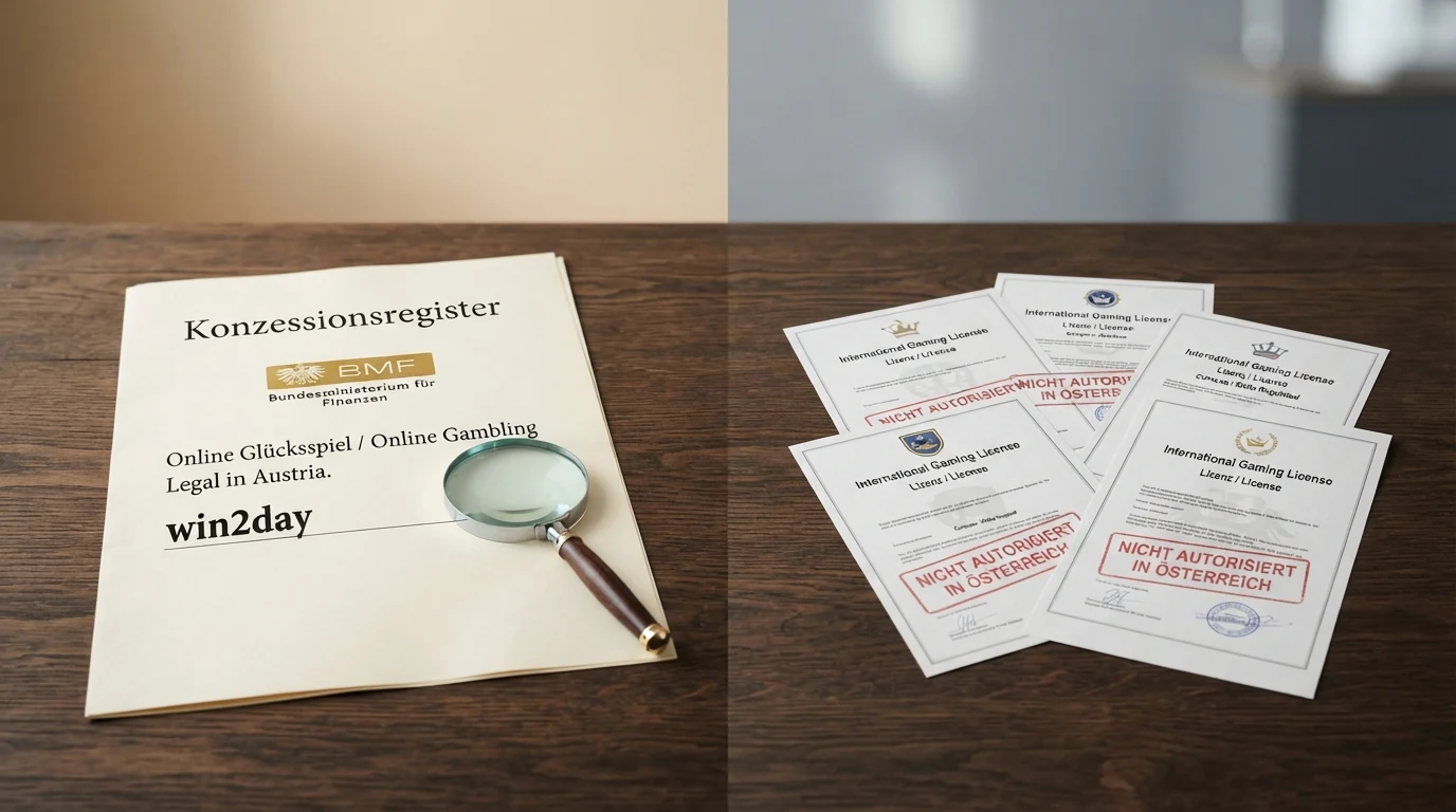 Eine stilisierte Österreich-Karte, daneben zwei getrennte Säulen: eine mit dem BMF-Siegel und der Aufschrift „win2day“, die andere mit MGA- und Curaçao-Siegeln und dem Stempel „In Österreich nicht autorisiert“