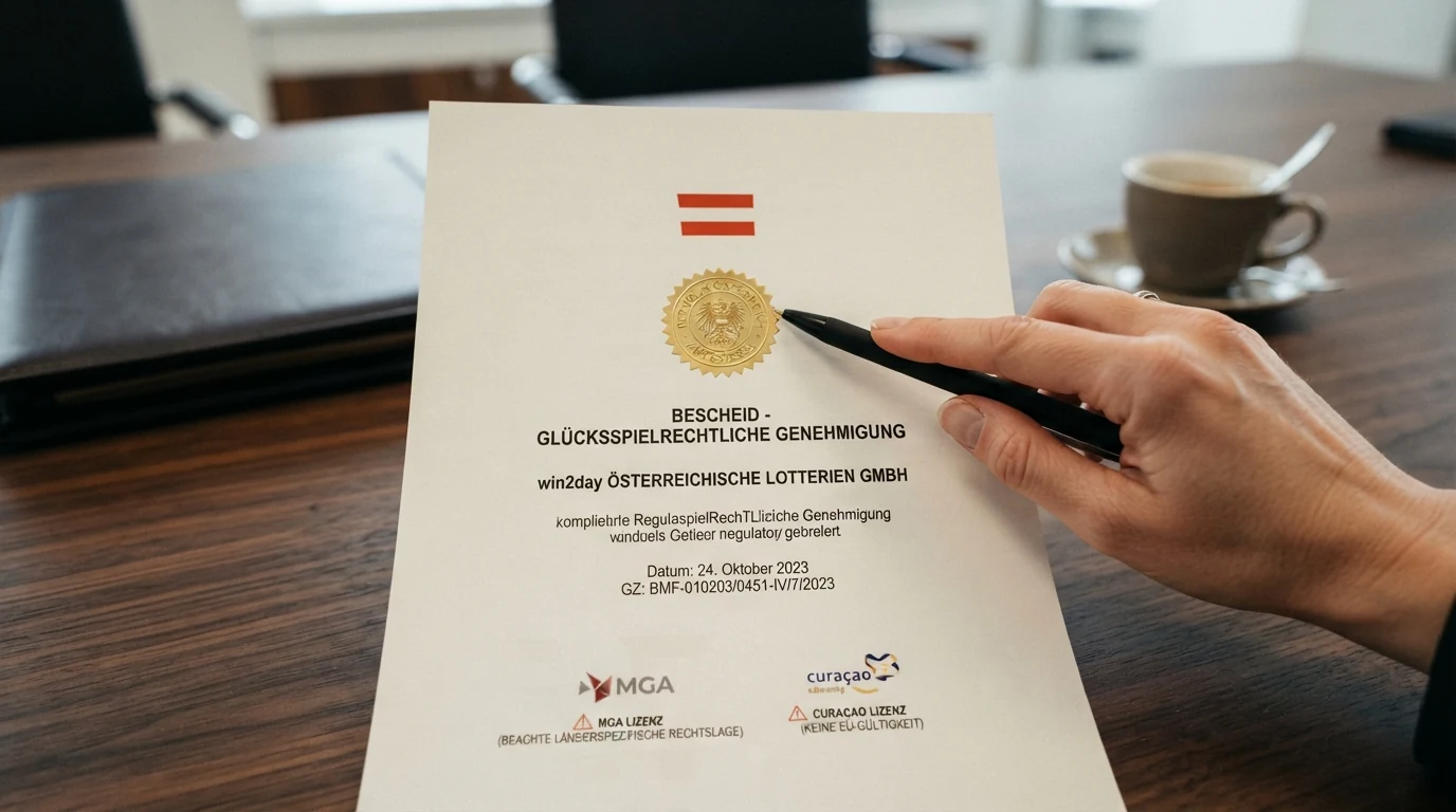 Eine stilisierte Darstellung der österreichischen Flagge neben einem offiziellen Lizenzdokument mit BMF-Siegel und dem win2day-Logo als einzigem lizenzierten Anbieter, während MGA- und Curaçao-Symbole im Hintergrund mit einem Warndreieck versehen sind.