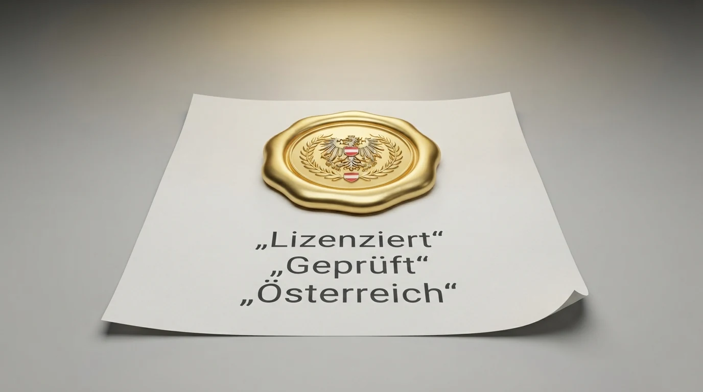 Stilisierte Darstellung des österreichischen Glücksspielmonopols: ein einzelnes hervorgehobenes Konzessionssiegel neben einer Reihe ausgegrauter EU-Lizenzlogos ohne AT-Gültigkeit