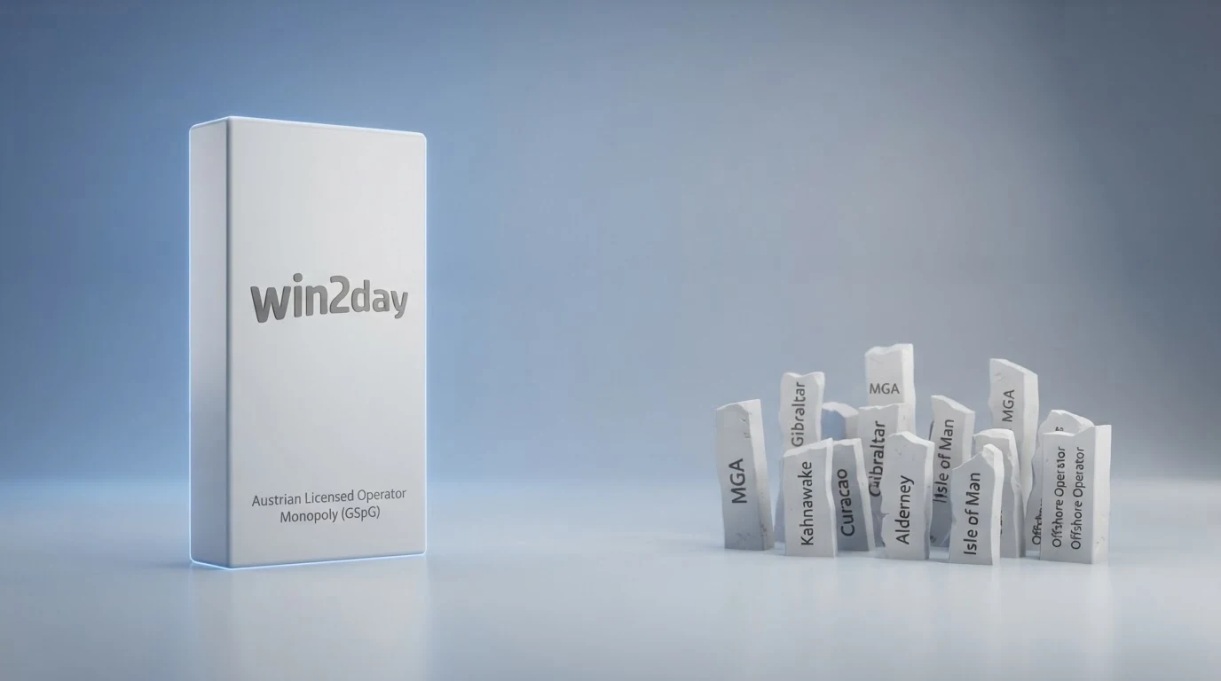 Schematische Darstellung des österreichischen Glücksspiel-Lizenzsystems: Das Monopol mit win2day als einzigem Konzessionär gegenüber dem nicht lizenzierten Offshore-Markt