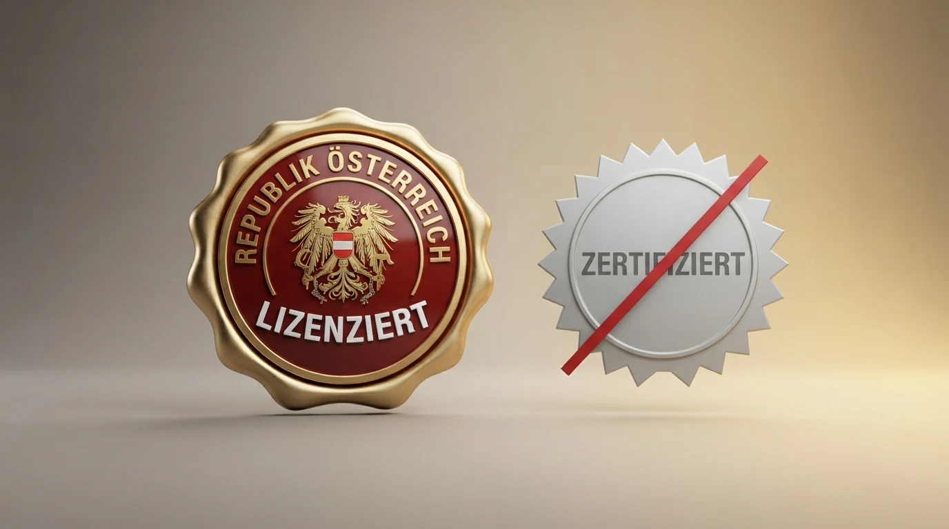 Eine grafische Gegenüberstellung: links das österreichische Konzessionssiegel mit win2day-Logo, rechts EU-Flagge und MGA-Logo mit einem durchgestrichenen Pfeil Richtung Österreich