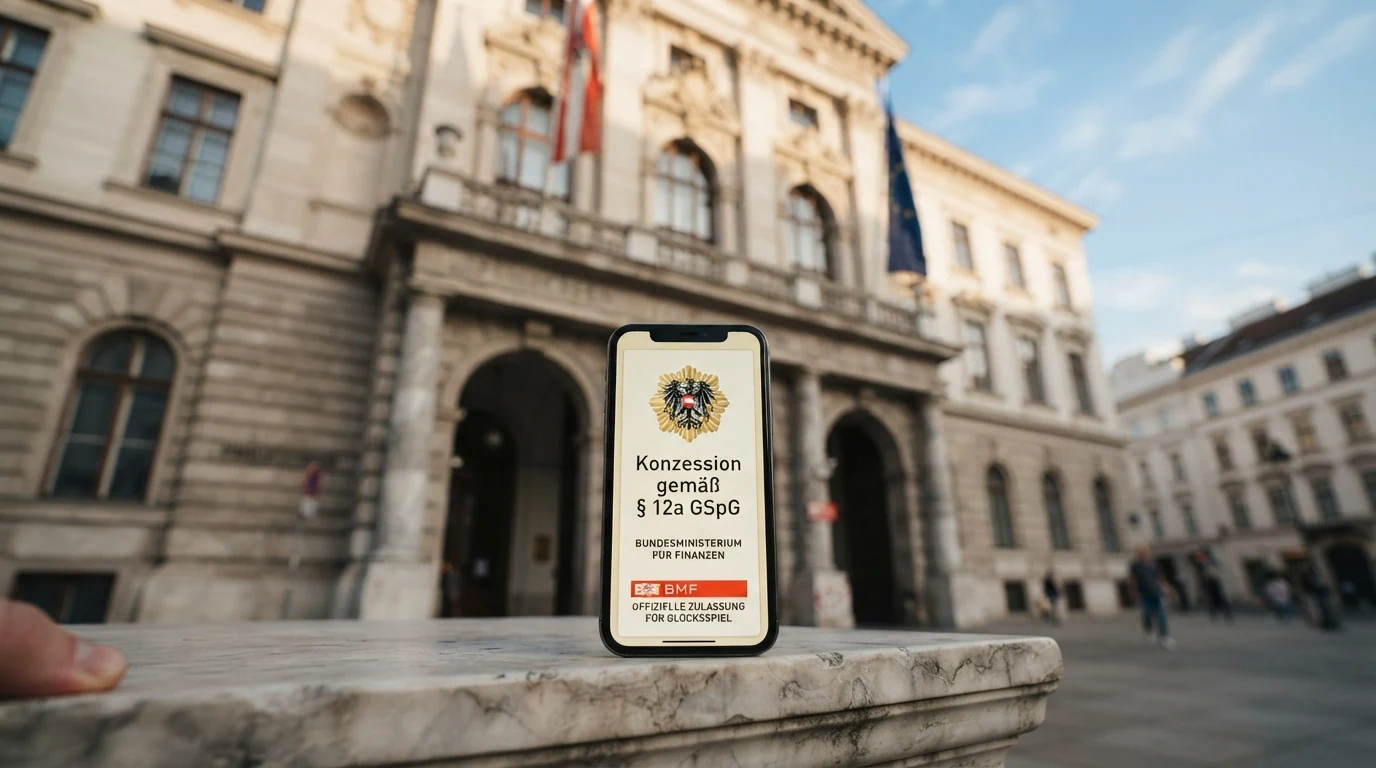 Das offizielle Gebäude des Bundesministeriums für Finanzen in Wien neben einem Bildschirm mit dem win2day-Logo und dem Text „Konzession gemäß § 12a GSpG"