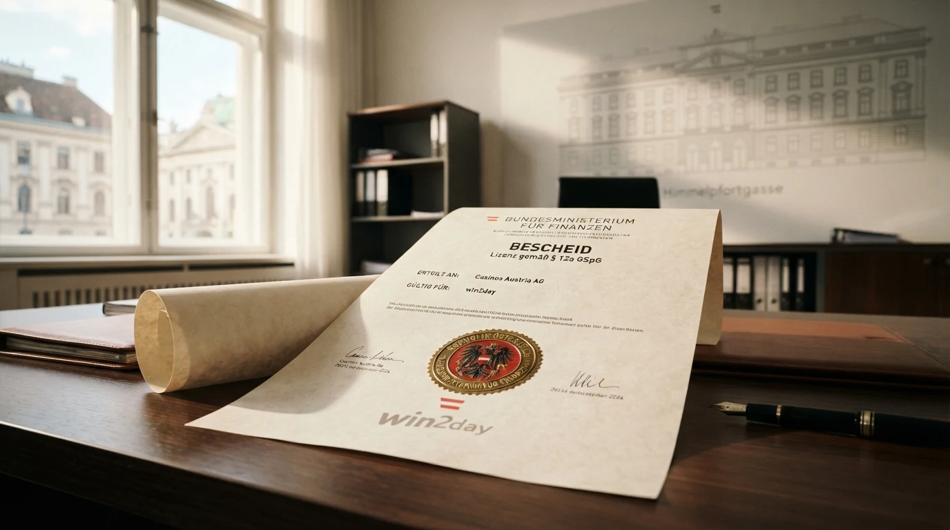Stilisierte Darstellung des Bundesministeriums für Finanzen-Gebäudes neben einem angedeuteten Konzessionsdokument mit Siegel und dem win2day-Logo