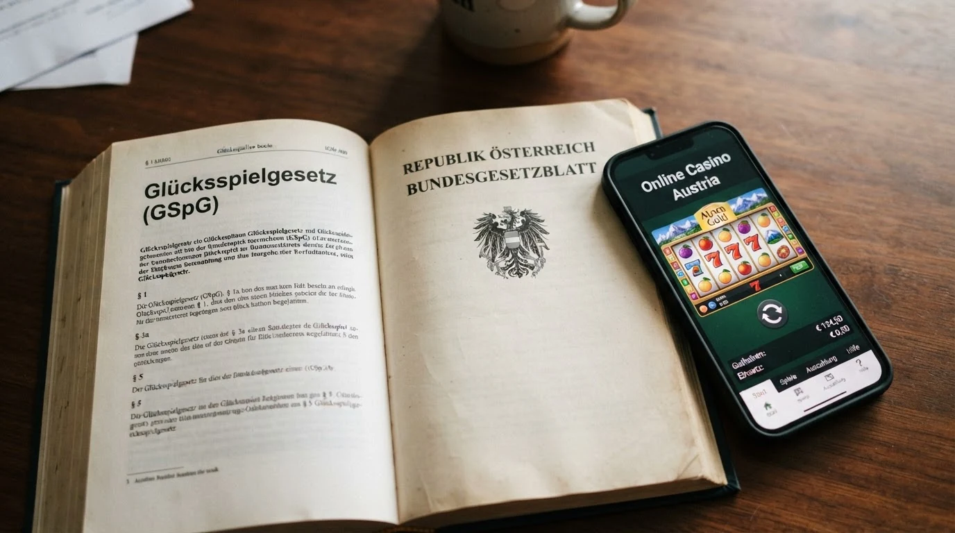 Aufgeschlagenes Gesetzesdokument mit dem Titel „Glücksspielgesetz (GSpG)“ und dem österreichischen Bundesadler, daneben ein Smartphone mit einer Casino-Seite, die das Wort „Lizenziert“ prominent anzeigt.
