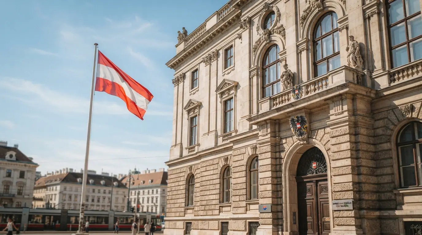 Offizielle Gebäudefassade des Bundesministeriums für Finanzen in Wien mit Österreich-Flagge