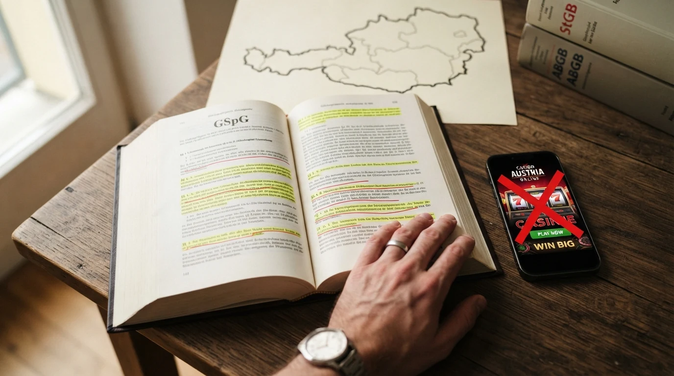 Ein aufgeschlagenes Gesetzbuch mit dem Titel „GSpG“ neben einem Smartphone, das eine Casino-App mit durchgestrichenem Bildschirm zeigt – im Hintergrund eine Österreich-Karte