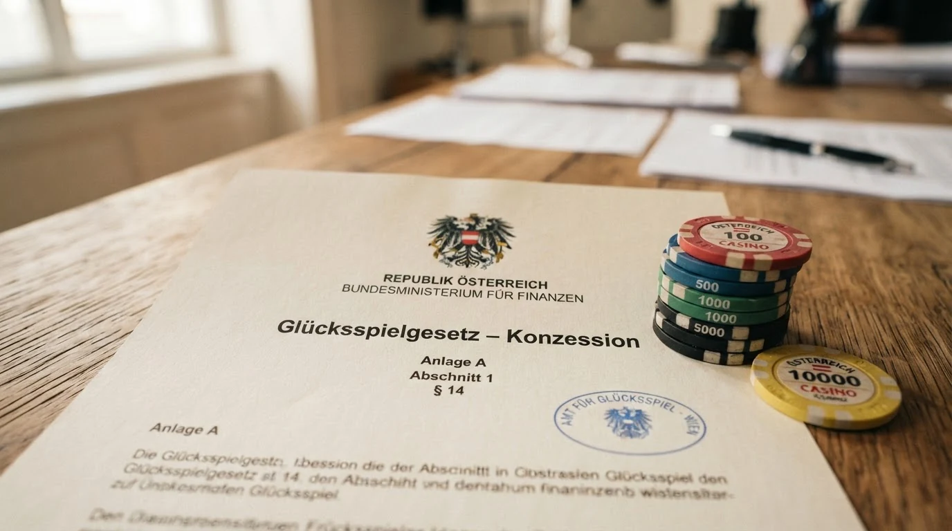 Ein offiziell wirkendes Dokument mit dem österreichischen Bundesadler und dem Schriftzug „Glücksspielgesetz – Konzession“, daneben ein Stapel Offshore-Casino-Logos mit Curaçao- und Malta-Flaggen