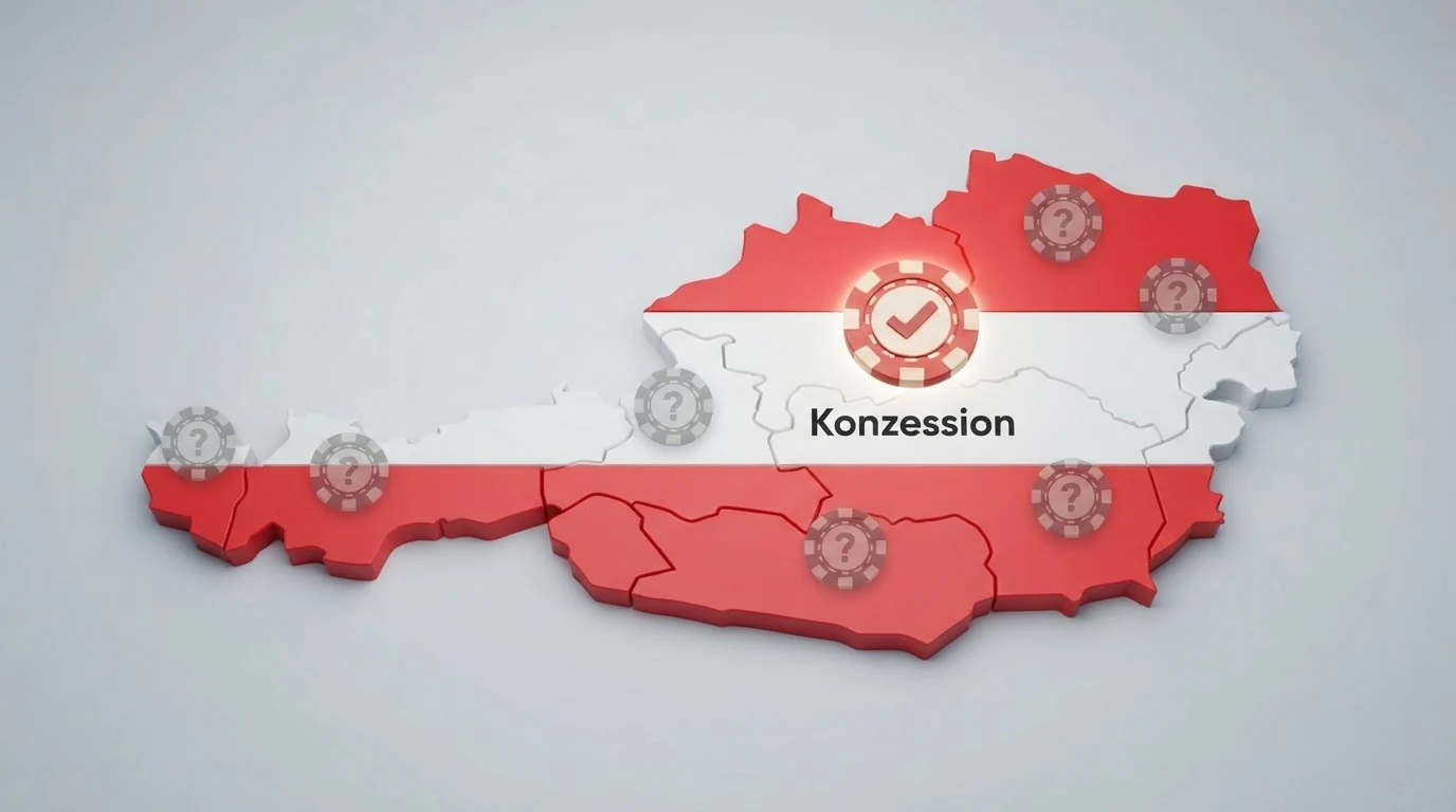Eine stilisierte Österreich-Karte in den Nationalfarben Rot-Weiß-Rot, darauf ein einzelnes leuchtendes Casino-Symbol mit einem Haken und dem Wort „Konzession“, umringt von mehreren grauen Casino-Symbolen mit Fragezeichen.