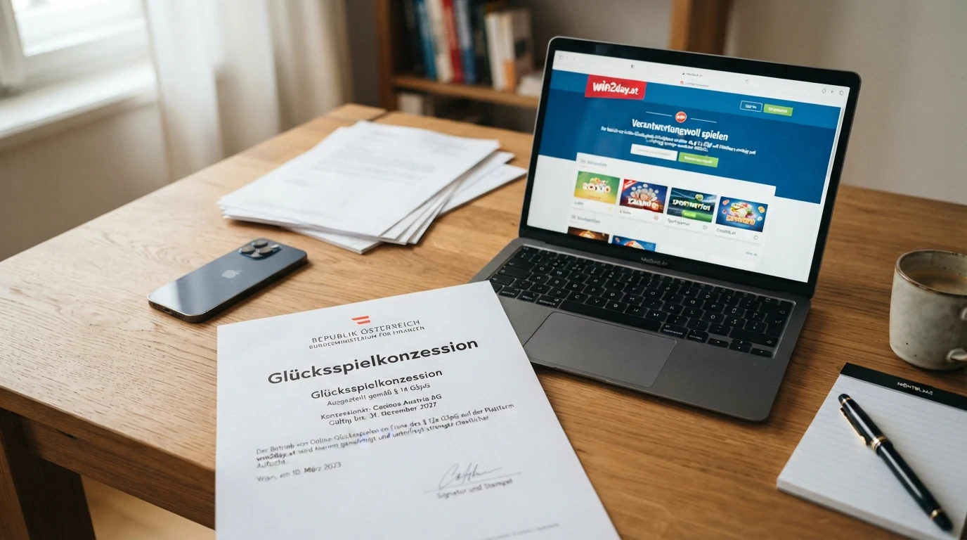 Offizielles österreichisches BMF-Glücksspielkonzessionsdokument neben dem win2day-Logo und einem durchgestrichenen Offshore-Casino-Symbol