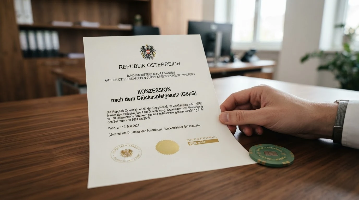 Offizielles Dokument mit dem österreichischen Bundeswappen und dem Schriftzug „Konzession nach dem Glücksspielgesetz“