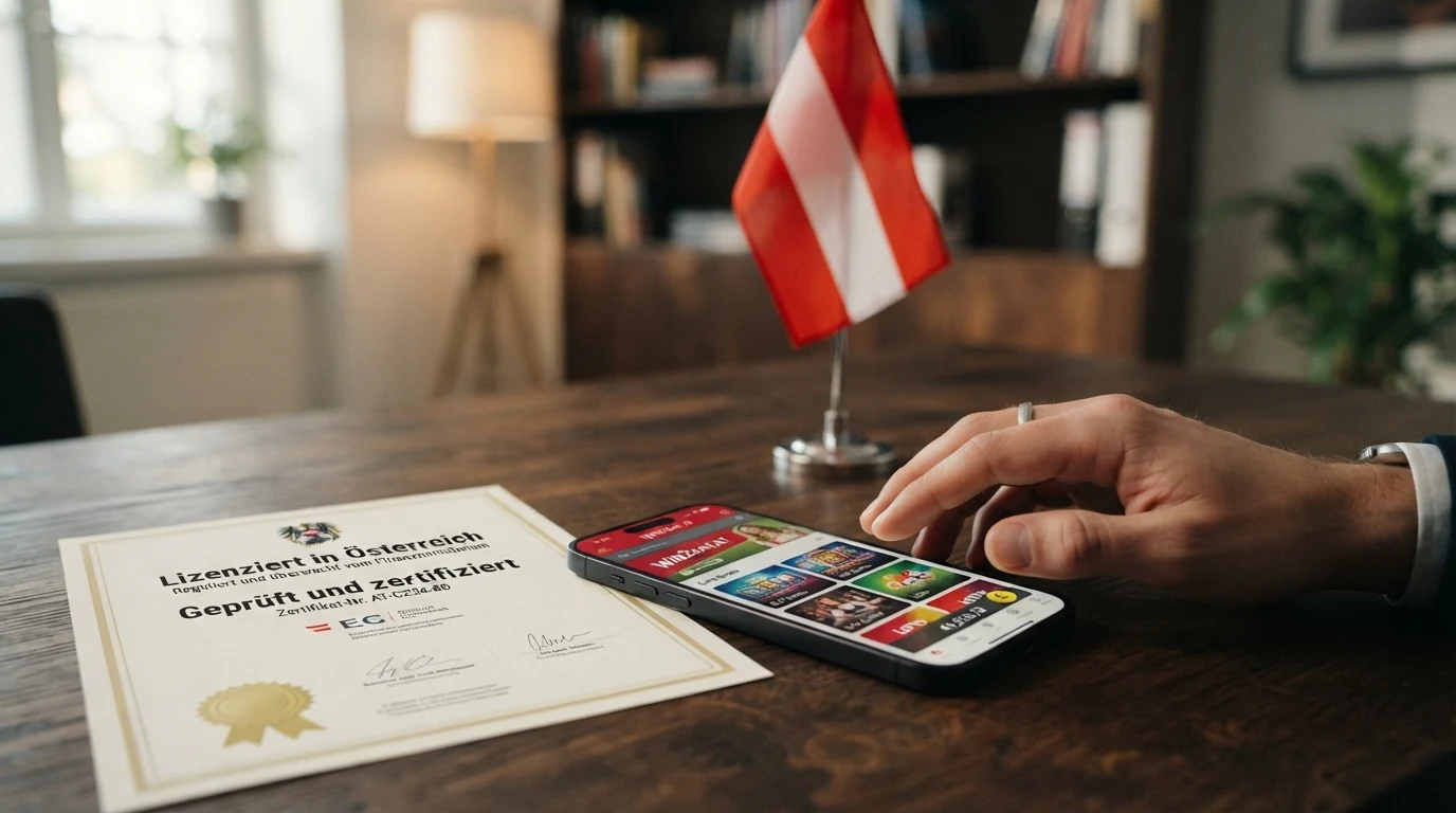 Offizielles EU-Siegel und österreichische Flagge neben einem Smartphone mit geöffneter Casino-Web-App