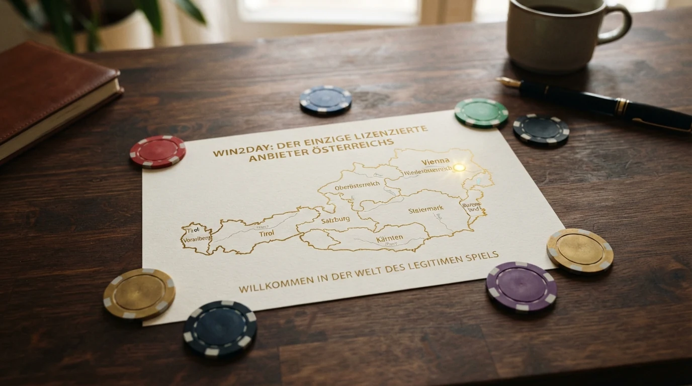Eine stilisierte Österreich-Karte mit einem einzelnen leuchtenden Punkt für win2day, umringt von internationalen Casino-Logos mit dezenten Curaçao- und MGA-Markierungen