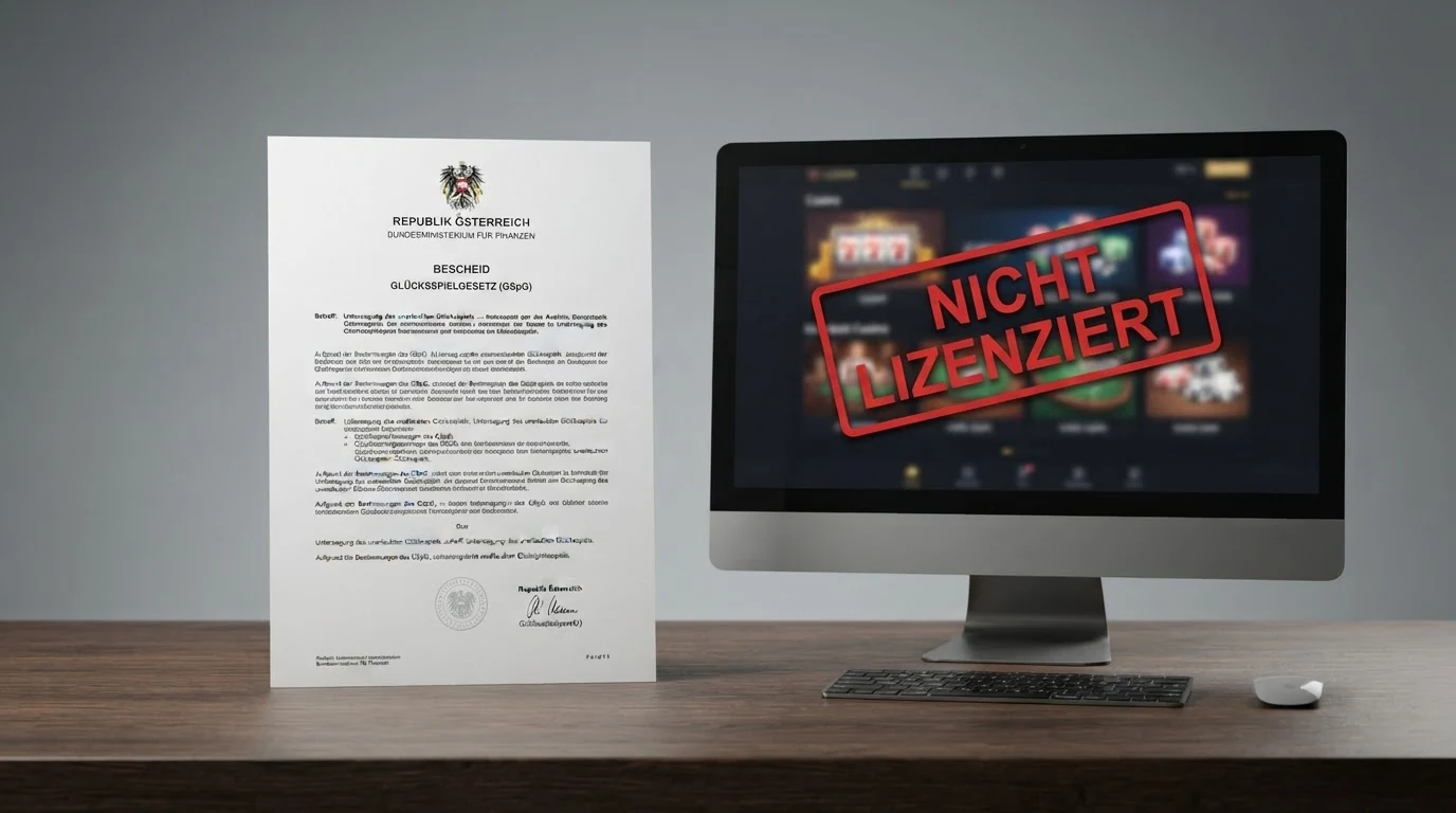 Ein offiziell aussehendes Dokument mit dem österreichischen Bundesadler, daneben ein Bildschirm mit einer Casino-Startseite und einem durchgestrichenen „Nicht lizenziert“-Stempel