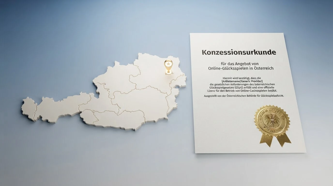 Eine stilisierte Österreich-Karte mit einem markierten Punkt für den konzessionierten Anbieter und einem danebenliegenden offiziellen Dokument mit Siegel