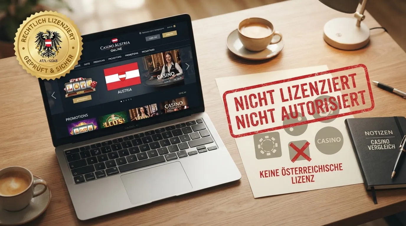 Eine grafische Gegenüberstellung: links das win2day-Logo mit dem Stempel „GSpG-Konzession“, rechts mehrere durchgestrichene Offshore-Casino-Logos ohne Lizenzvermerk