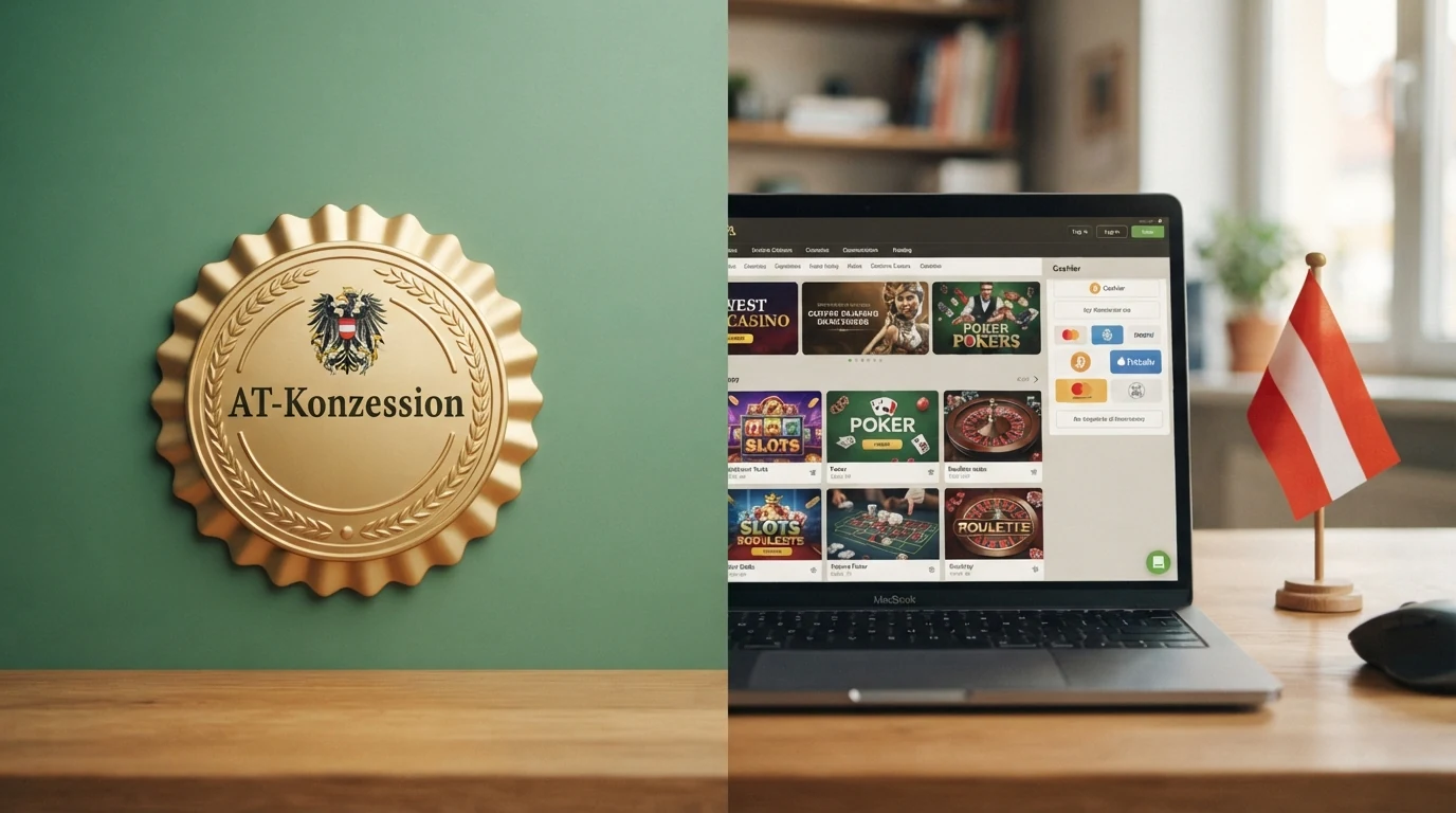 Gegenüberstellung: Das win2day-Logo vor einer grünen „AT-Konzession“-Markierung und ein generisches Offshore-Casino-Symbol vor einer roten „Keine AT-Konzession“-Markierung
