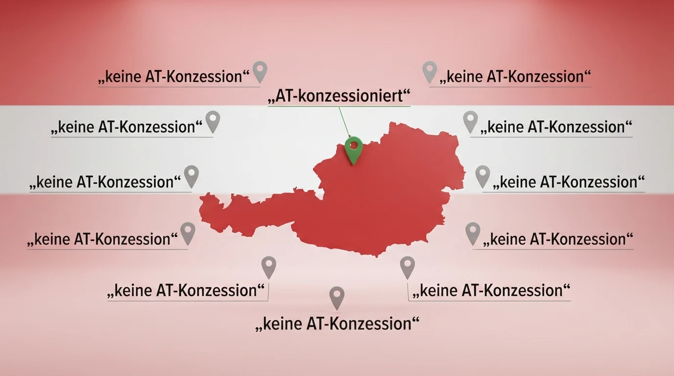 Eine Österreich-Karte mit einem hervorgehobenen grünen Punkt für win2day und mehreren grauen Punkten für Anbieter ohne AT-Konzession