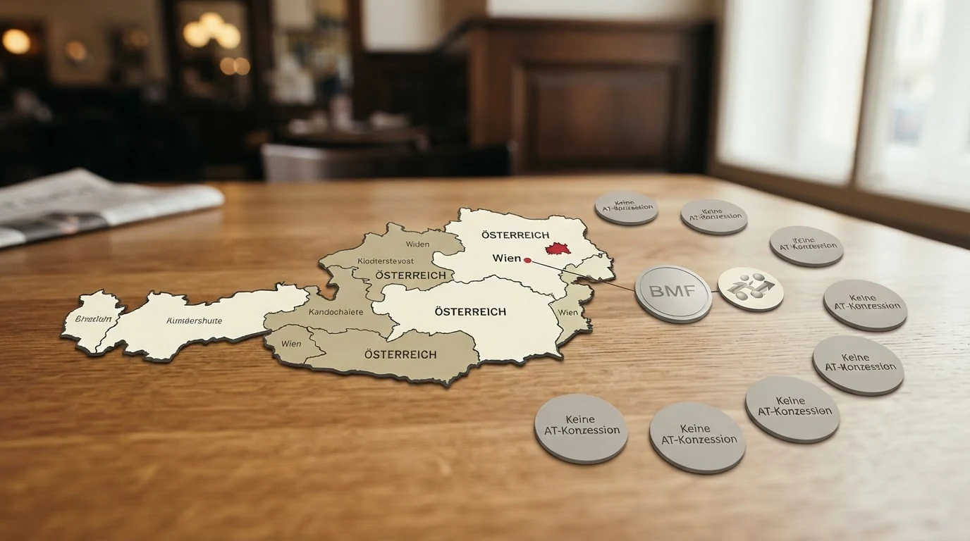 Eine stilisierte Österreich-Karte mit einem markierten Punkt für Wien, von dem aus eine Verbindung zu einem BMF-Siegel und dem win2day-Logo führt, während internationale Casino-Logos außerhalb der Karte mit „Keine AT-Konzession“ gekennzeichnet sind