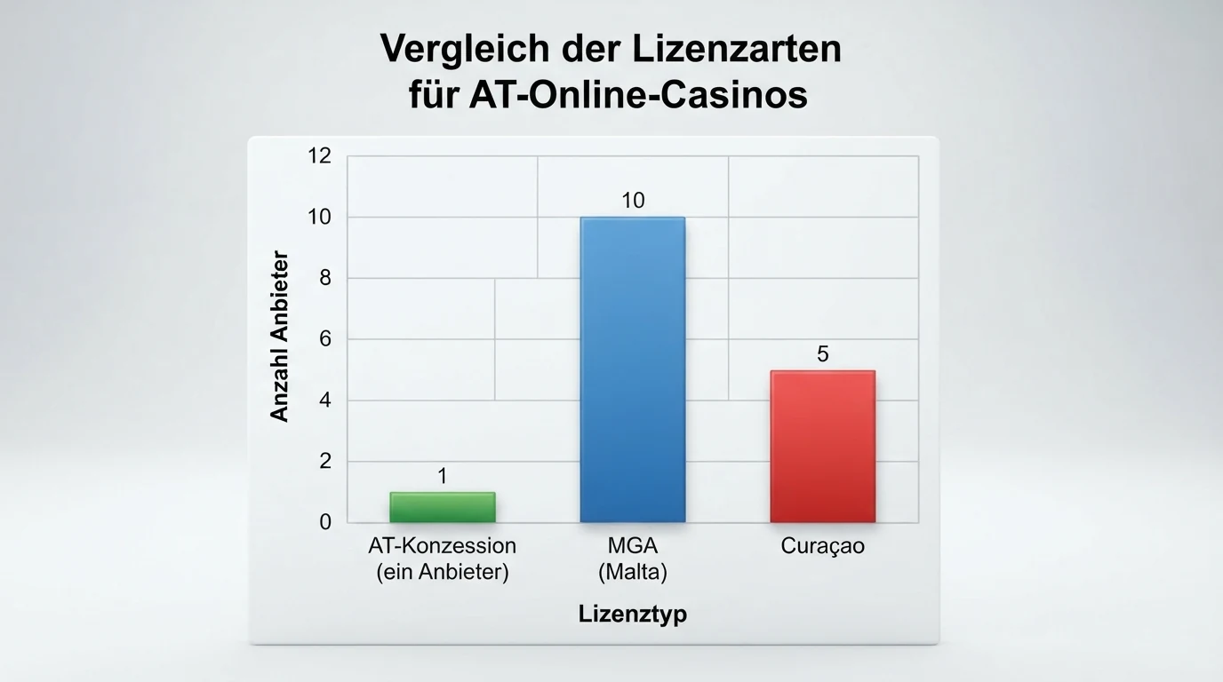 Die drei relevanten Glücksspiel-Lizenztypen für österreichische Spieler: AT-Konzession (win2day), MGA (Malta) und Curaçao