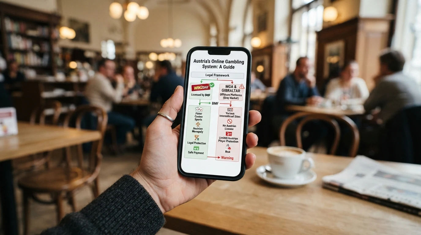Schematische Darstellung des österreichischen Glücksspiel-Lizenzsystems: BMF als Aufsichtsbehörde, win2day als einziger Konzessionär im lizenzierten Bereich, daneben MGA- und Curacao-Anbieter im nicht-lizenzierten Graubereich