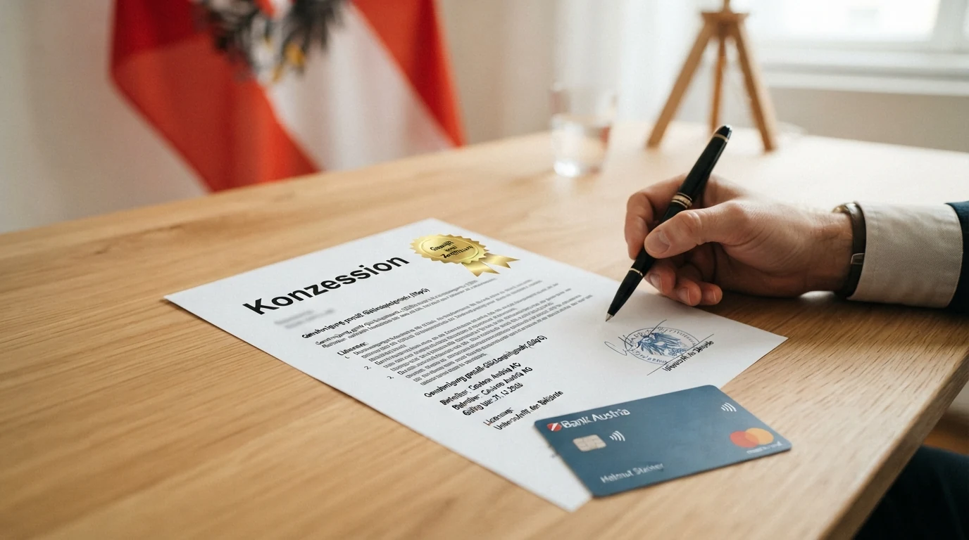 Eine stilisierte Karte Österreichs mit dem Bundesadler und dem Wort „Konzession“, daneben ein Sperrsymbol über Casino-Logos ohne AT-Lizenz