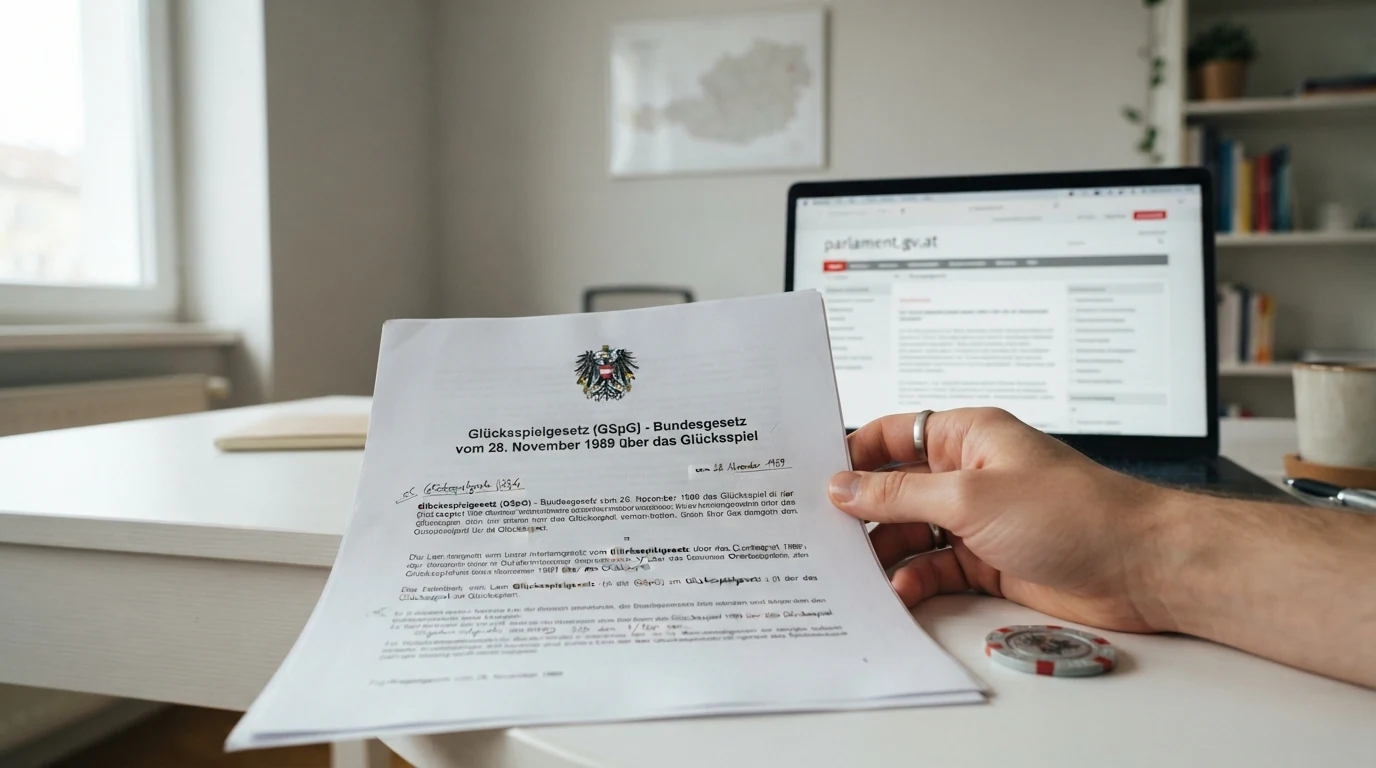 Offizielle Paragrafenzeichen und das österreichische Bundeswappen vor einem Dokumentenhintergrund
