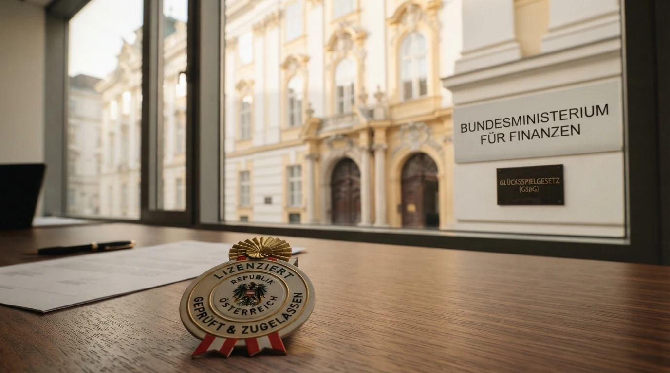 Das Amtsgebäude des Bundesministeriums für Finanzen in Wien, davor eine Hinweistafel zum Glücksspielgesetz