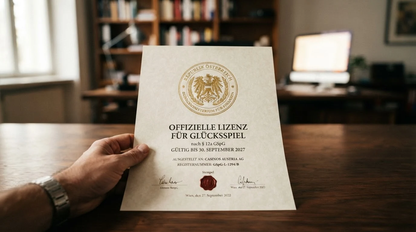 Offizielles Dokument der österreichischen Glücksspielkonzession mit Bundeswappen und Siegel des Finanzministeriums