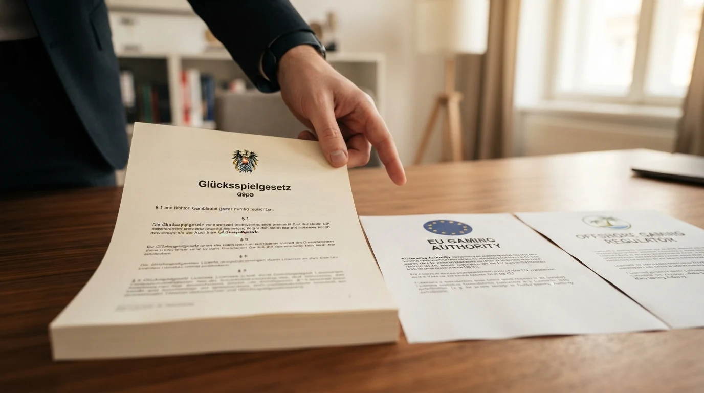 Ein Dokument mit dem österreichischen Bundesadler und dem Titel „Glücksspielgesetz“, daneben liegen Ausdrucke mit Logos der Glücksspielbehörden MGA und Curaçao eGaming.