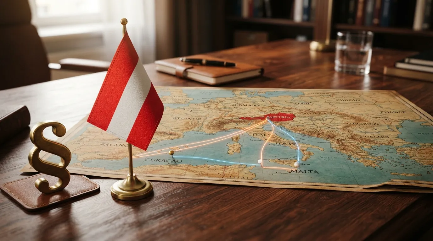 Eine Landkarte von Europa mit Malta und Curaçao markiert, Verbindungslinien nach Österreich, und ein Paragrafenzeichen vor der österreichischen Flagge