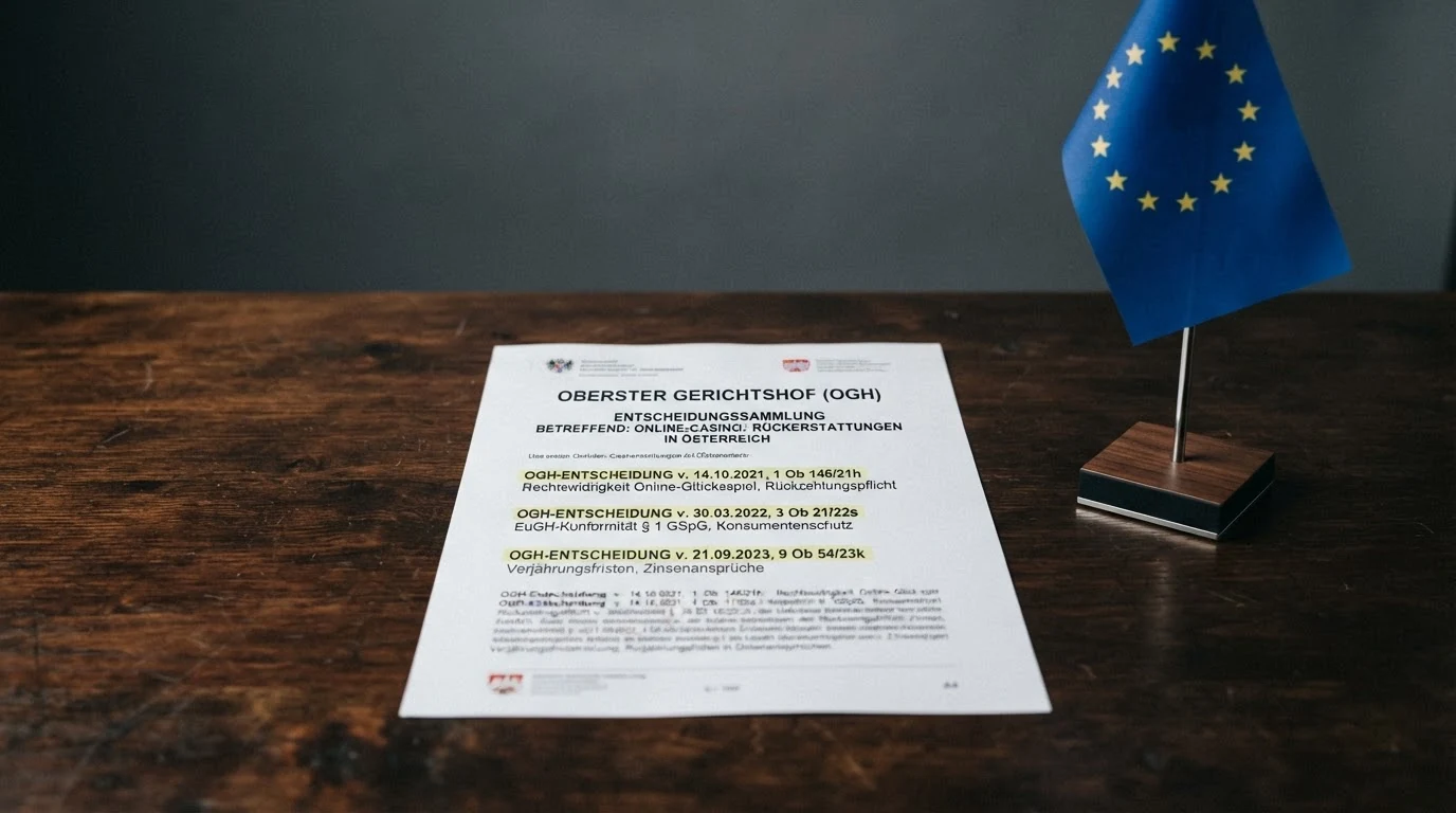 Nahaufnahme eines juristischen Dokuments mit dem Schriftzug „OGH“ und hervorgehobenen Aktenzeichen, daneben die EU-Flagge als Verweis auf den EuGH