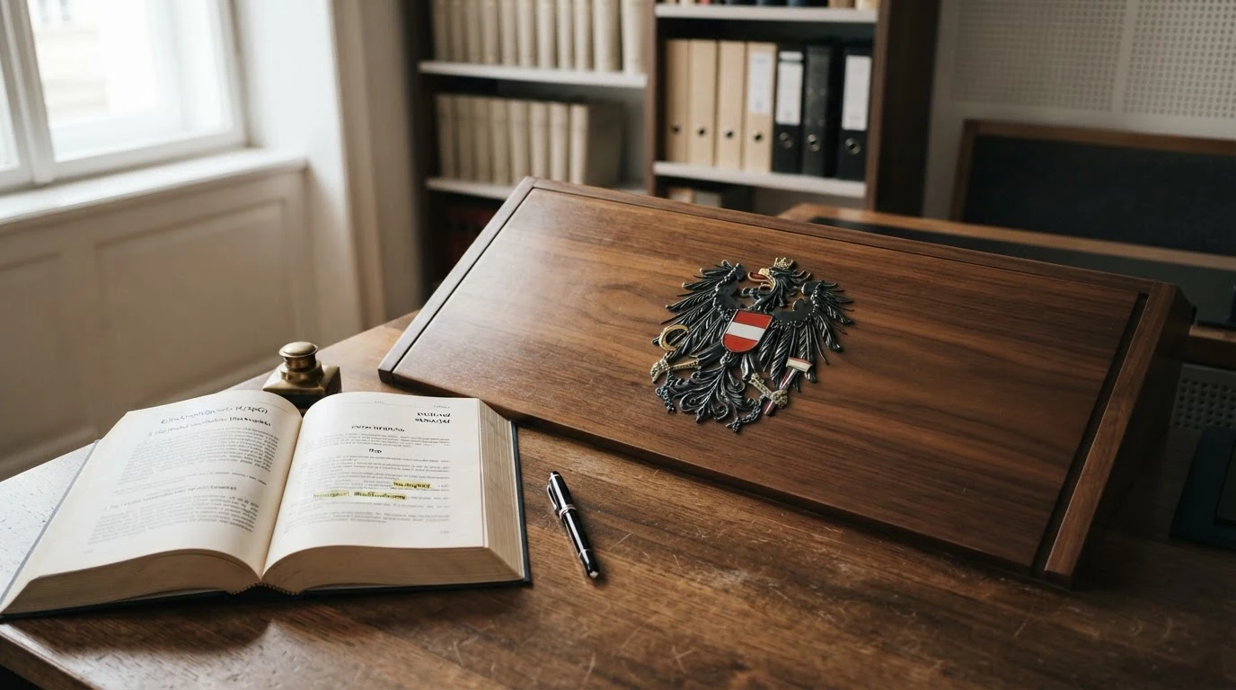 Stilisiertes Richterpult mit dem österreichischen Bundeswappen, davor ein aufgeschlagenes Gesetzbuch mit den Paragrafenzeichen GSpG, § 12a, und OGH-Aktenzeichen 9Ob8/26f sichtbar