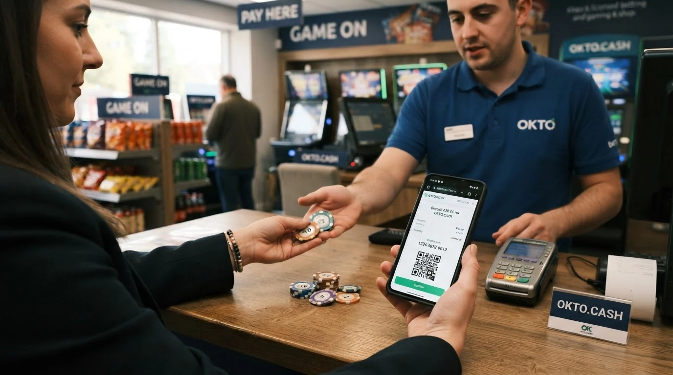 Eine Person übergibt Bargeld an einem OKTO.CASH-Schalter und hält ein Smartphone mit geöffneter Casino-Seite