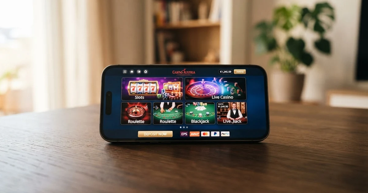 Nahaufnahme eines Laptop-Bildschirms mit einer Casino-Zahlungsseite, auf der verschiedene Zahlungsoptionen – darunter Klarna und Überweisung – angezeigt werden; im Hintergrund angedeutet eine österreichische Flagge