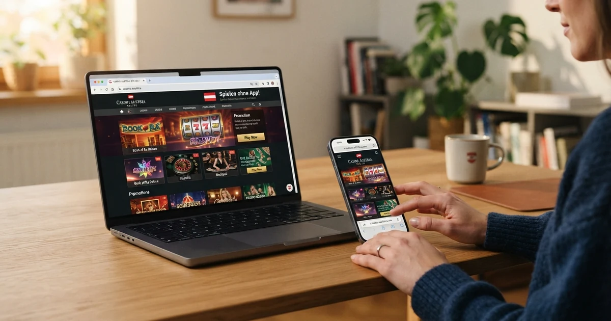 Ein Smartphone und ein Laptop zeigen dasselbe Instant-Play-Casino im Browser — kein Download, keine App-Installation, nur eine geöffnete Website.