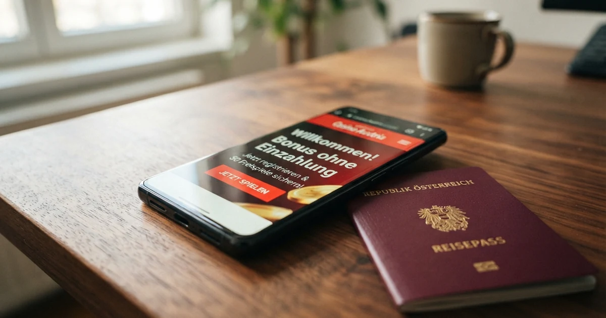 Ein geöffnetes Smartphone zeigt ein Online-Casino-Willkommensbildschirm mit der Aufschrift „Bonus ohne Einzahlung“, daneben liegt ein österreichischer Reisepass.