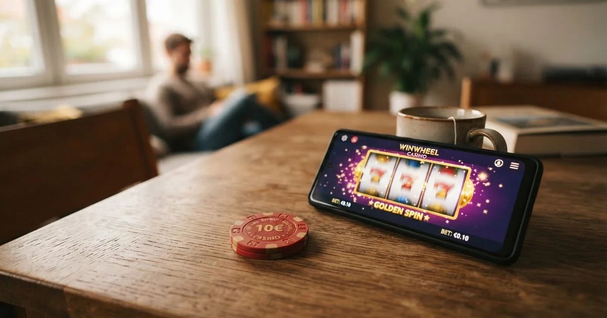 Spieltisch mit Casino-Chips und einem Display das „10 € Mindesteinzahlung“ anzeigt, im Vordergrund ein Smartphone mit Casino-App