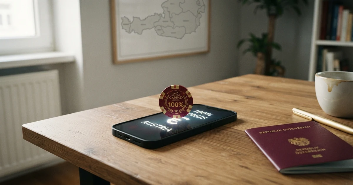 Ein gestapeltes Bonus-Chip-Set auf einem Smartphone-Bildschirm, daneben ein österreichischer Reisepass und eine Karte von Österreich im Hintergrund
