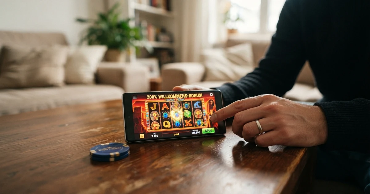 Startseite eines Online-Casinos mit einem Werbebanner das „200 % Willkommensbonus bis 500 €“ anzeigt