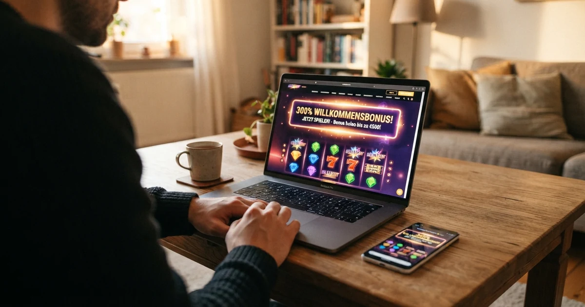 Online-Casino-Startbildschirm mit hervorgehobenem 300%-Willkommensbonus-Banner und Spielautomaten im Hintergrund