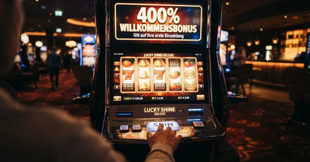 Ein Spielautomat mit leuchtenden Walzen und einem eingeblendeten Banner „400% Willkommensbonus“ auf dem Bildschirm