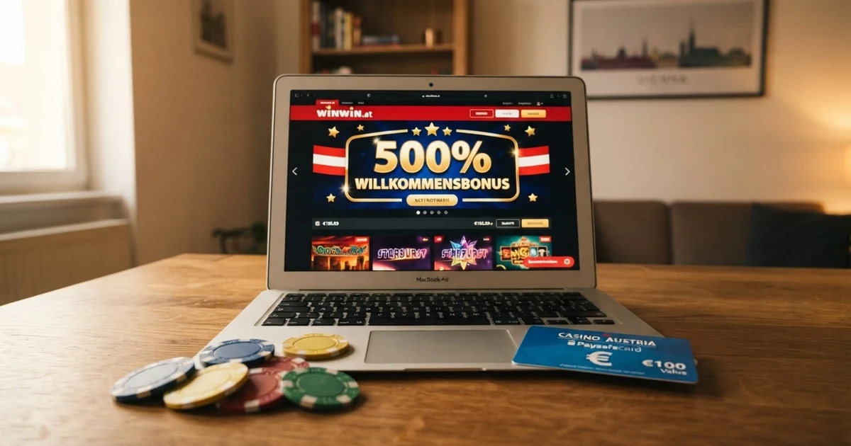 Ein Laptop-Bildschirm zeigt die Startseite eines Online-Casinos mit einem auffälligen 500-%-Willkommensbonus-Banner, daneben liegen Casino-Chips und eine paysafecard.