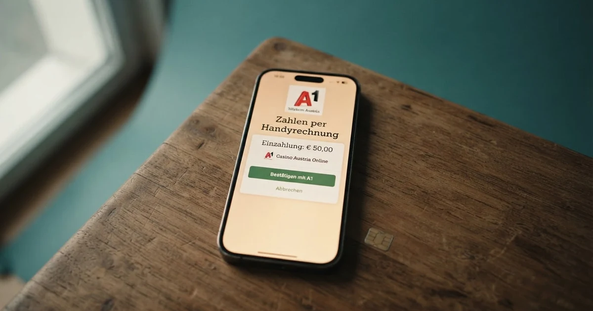 Smartphone mit geöffneter Casino-App, auf dem Display das A1-Logo und die Auswahl „Zahlen per Handyrechnung“ zu sehen sind