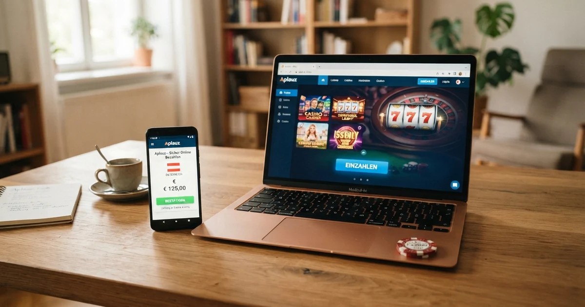 Ein Aplauz-Gutschein oder Smartphone mit Aplauz-App neben einem geöffneten Online-Casino auf einem Laptop-Bildschirm