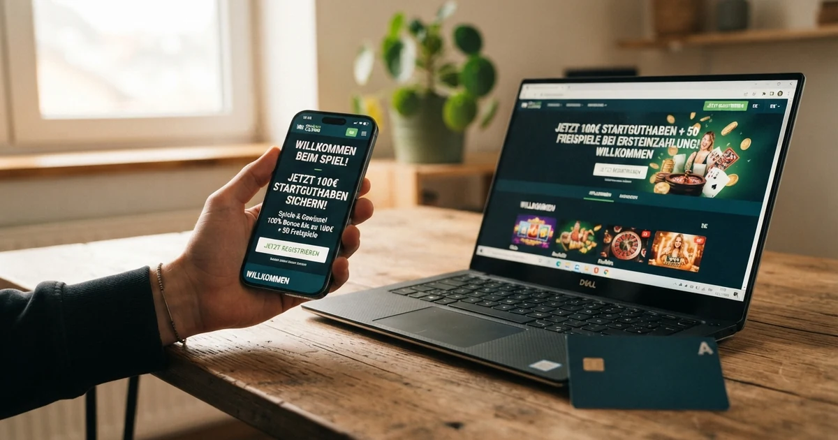 Ein Smartphone und ein Laptop zeigen ein Online-Casino mit einem hervorgehobenen Startguthaben-Willkommensbildschirm, daneben liegt eine österreichische Kreditkarte.