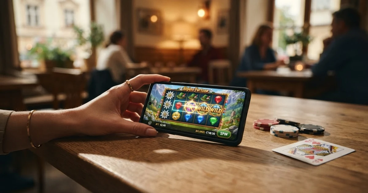 Ein Smartphone in einer Hand, auf dem Display eine geöffnete Casino-App mit Spielautomaten-Walzen; im Hintergrund angedeutete Spielkarten und Casino-Chips