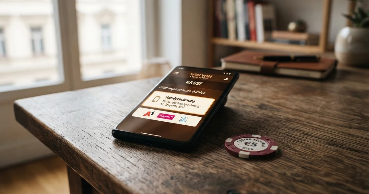 Ein Smartphone zeigt eine Online-Casino-Oberfläche mit geöffnetem Kassenbereich und der hervorgehobenen Option „Handyrechnung“ als Zahlungsmethode. Daneben die Logos der drei österreichischen Mobilfunkanbieter A1, Drei und Magenta.